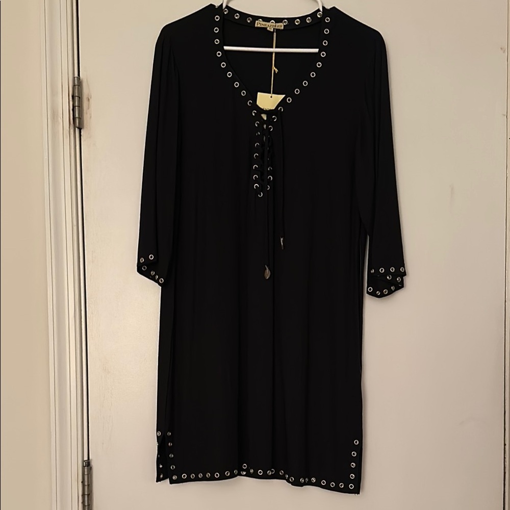 Black Embellished Tie Front Dress
